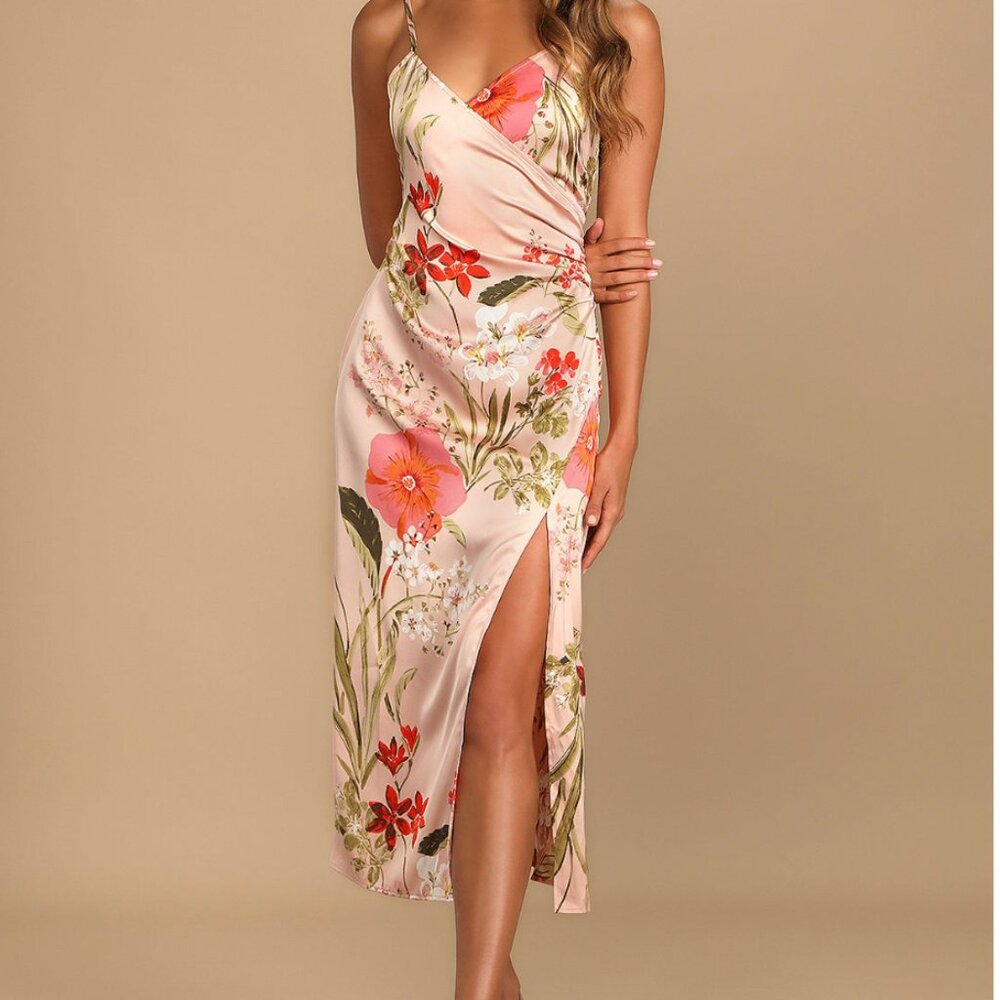 Lulus Remarkable Entrance Pink Floral Print Satin Midi Dress
